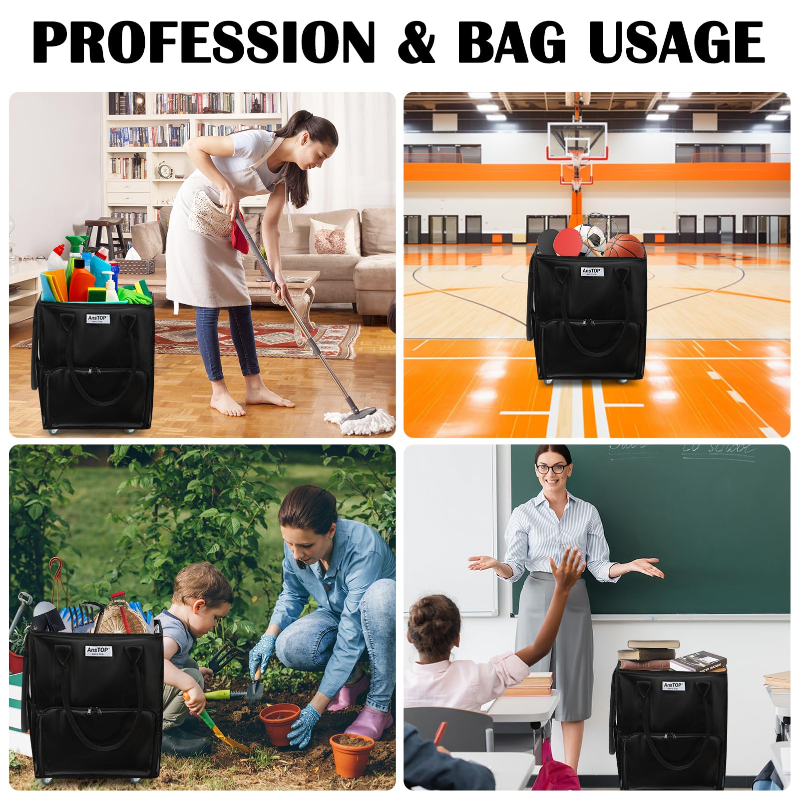 AnsTOP Reusable Grocery Bag on Wheels, 66LBS Foldable Shopping Cart with 5 Smooth Caster Wheels Zippered Top, Rolling Tote with Multiple Pockets for Groceries, Laundry, Travel, Camping,Medium,Black