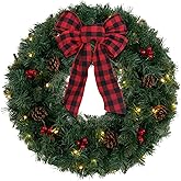 DEWBIN 24 Inch 2FT Christmas Wreath, 30 LED Lights Christmas Wreaths for Front Door with Bow Red Berries Pine Cones, Prelit Timer Home Decor, Xmas Wall Windows Decorations Indoor Outdoor