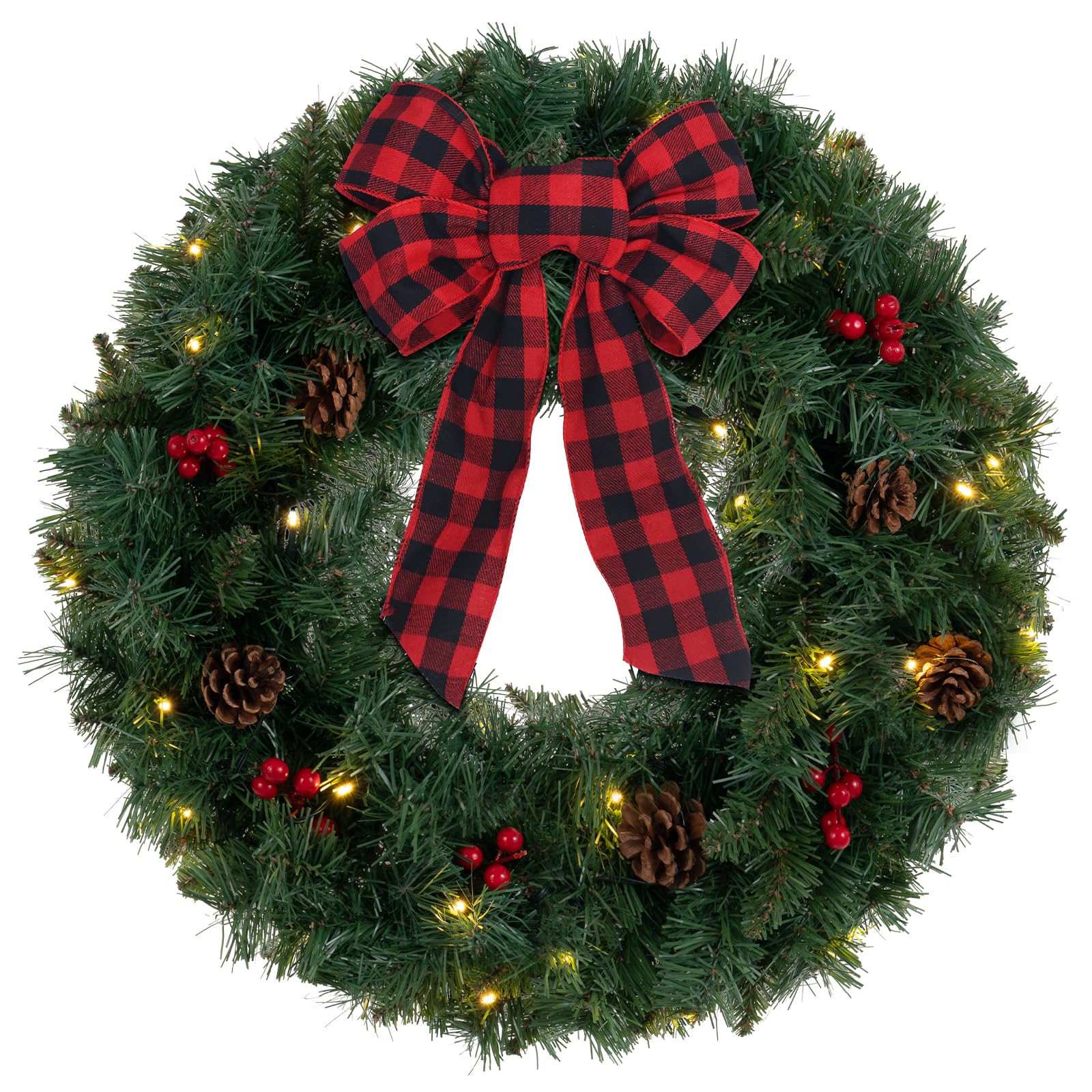 Photo 1 of DEWBIN 24 Inch 2FT Christmas Wreath, 30 LED Lights Christmas Wreaths for Front Door with Bow Red Berries Pine Cones, Prelit Timer Home Decor, Xmas Wall Windows Decorations Indoor Outdoor