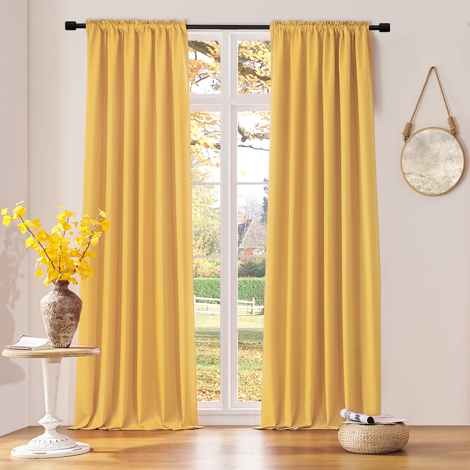 DONREN Blackout Curtain Panels for Bedroom Rod Pocket 96 Inch Length Curtains (42 W x 96 L,Gold Yellow,2 Panels)