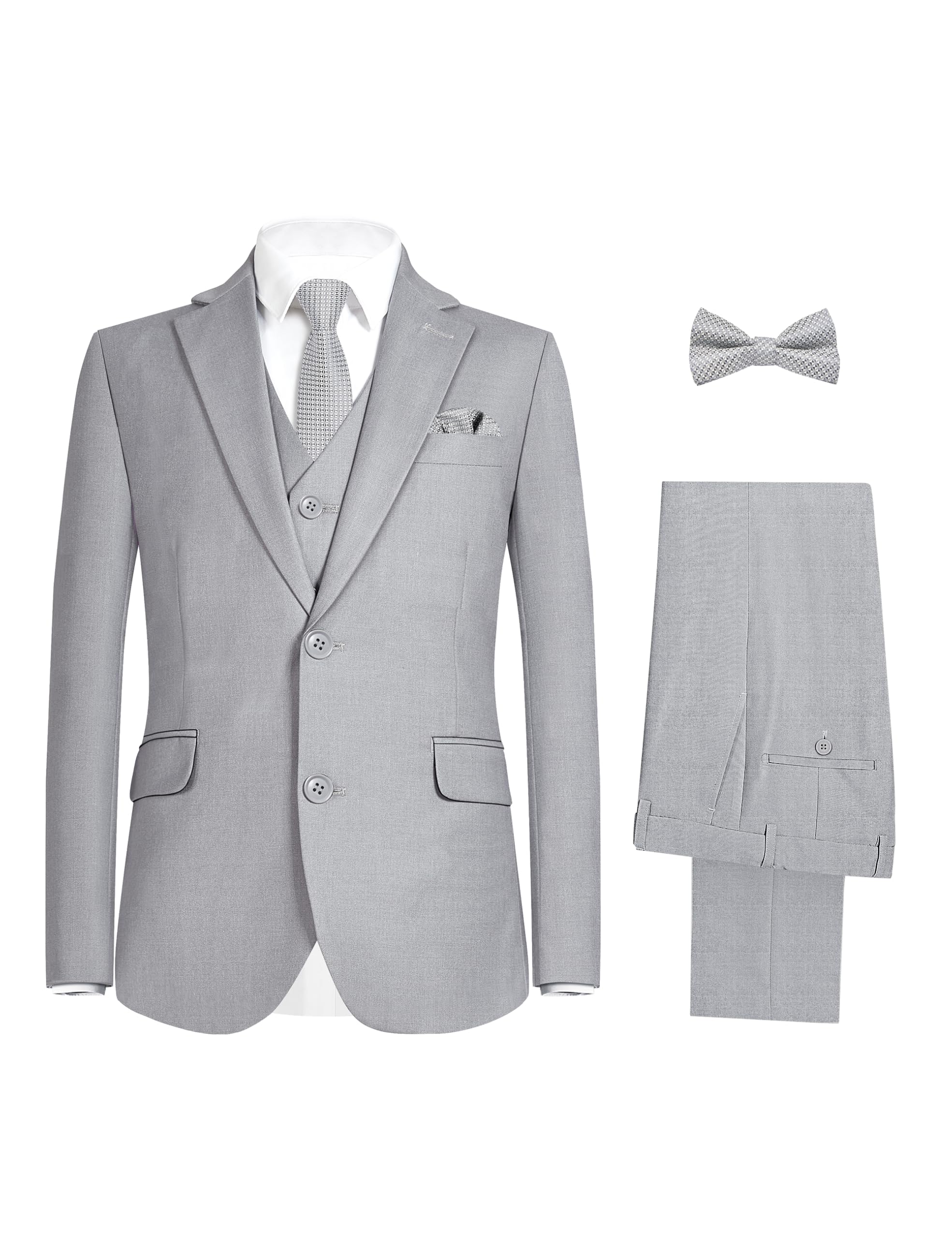 Happy Dolphin Boys Suits Light Gray Slim Fit Size 14 Formal Suits for Kids Toddler Tuxedos Dresswear Ring Bearer Outfit Boys' Wedding Suits Set Dress Clothes Teen Youth 5-Piece Adjustable Waist Image