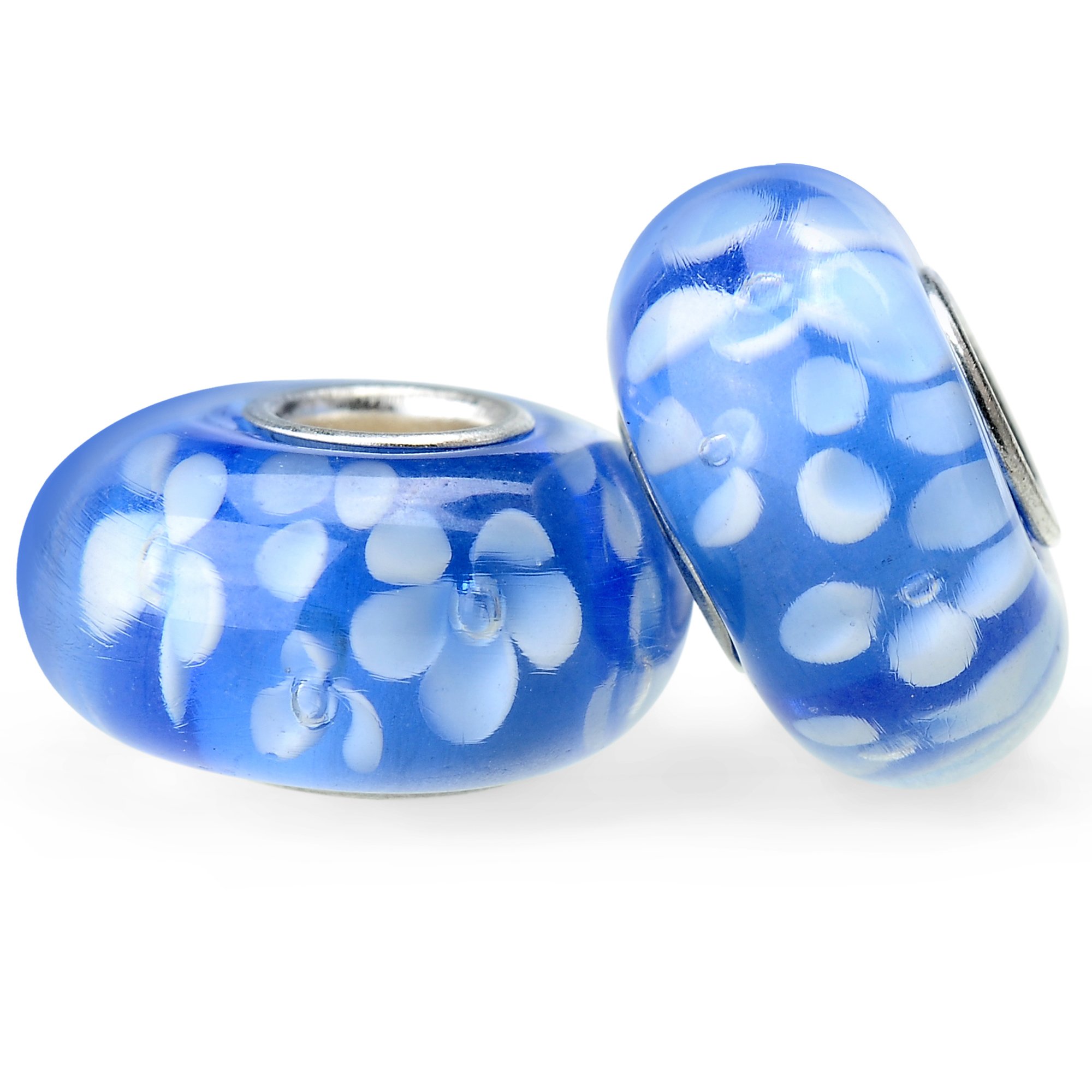 RUBYCA Blue Flower Murano Glass European Charm Beads Silver Colour Core for DIY Jewellery Making 6pcs