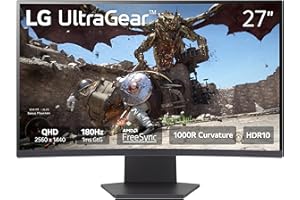 LG 27GS60QC-B Ultragear Curved Gaming Monitor 27-Inch QHD (2560x1440) 180Hz 1ms 1000R AMD FreeSync HDR10 HDMIx2 DisplayPort Borderless Design Black Stabilizer DAS Crosshair FPS Counter - Black