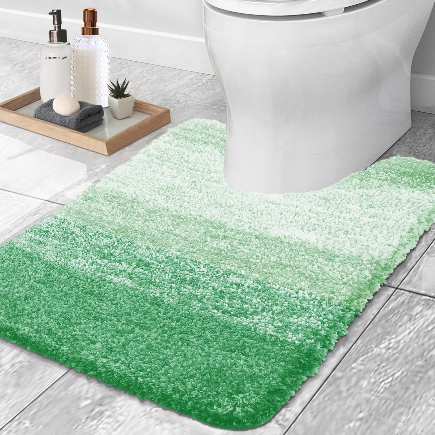 smiry Microfiber U-Shape Toilet Mat, Non-Slip Shaggy Soft Pedestal Mat for Bathroom, Water Absorbent bath mat, 50 x 60 cm, Green