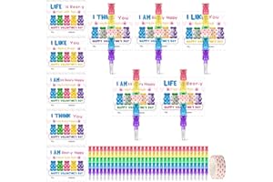 Sabary 24 Set Valentine's Day Gift for Kids Classroom Include Valentines Day Cards School Plastic Bear Pencils Kids' Pencils with Tape for Classroom School Valentine Exchange Gifts