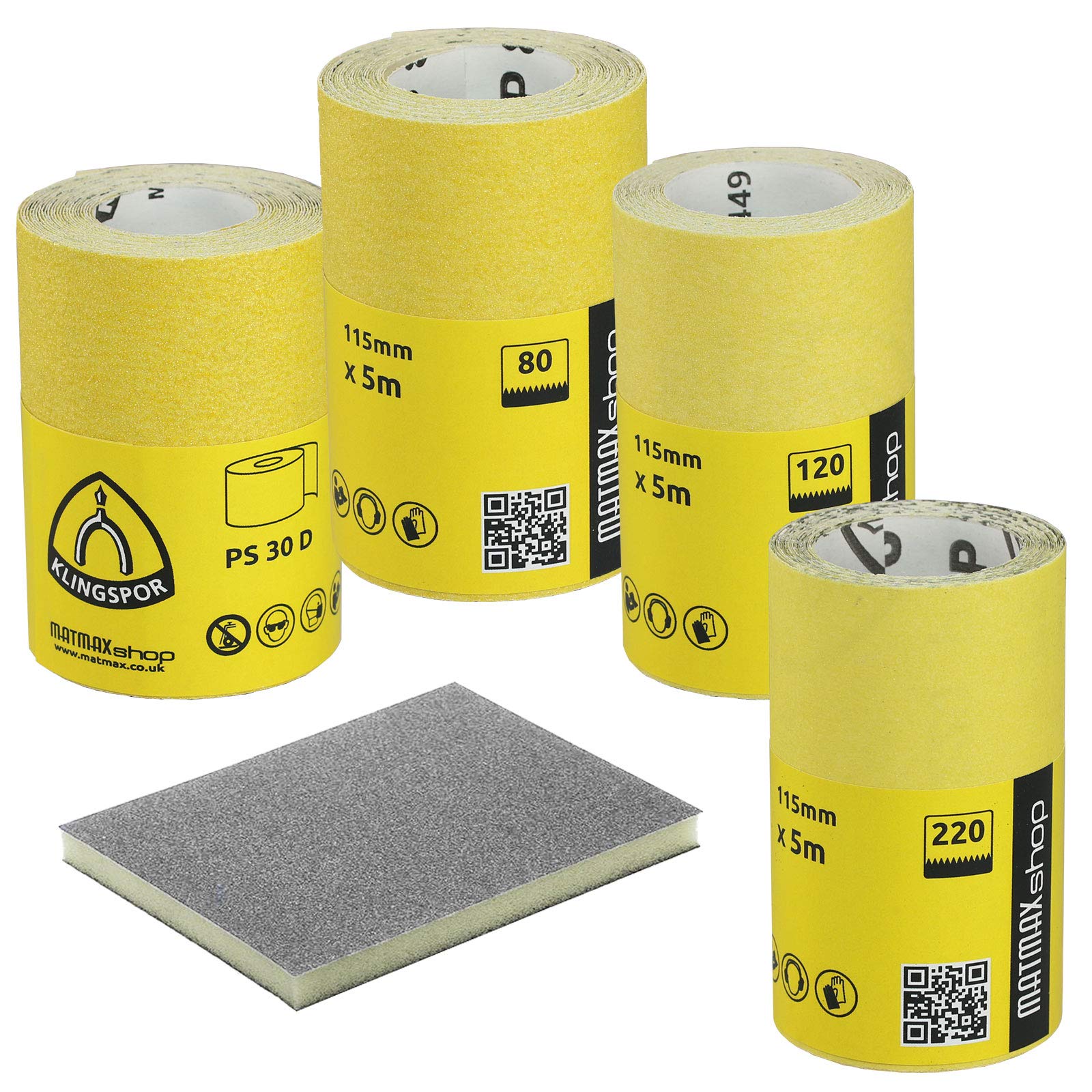 MatMax set of: 60G (Caorse) + 80G (Medium) + 120G (Fine) + 220G (Very Fine) KLINGSPOR (Germany) Aluminium Oxide Sandpaper Rolls - 4 x 5m