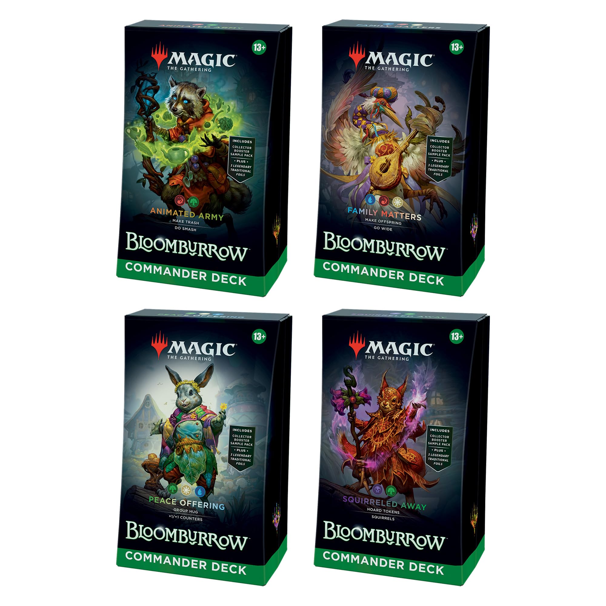 Magic: The Gathering Bloomburrow Commander Deck Bundle - Includes All 4 Decks (Animated Army, Family Matters, Peace Offering, and Squirreled Away) Image