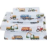 Linen Plus Sheet Set for Kids Construction Tractors Excavators Loaders Dump Trucks Compactors White Blue Red Green Yellow Grey Flat Fitted and Pillow case Twin Size New