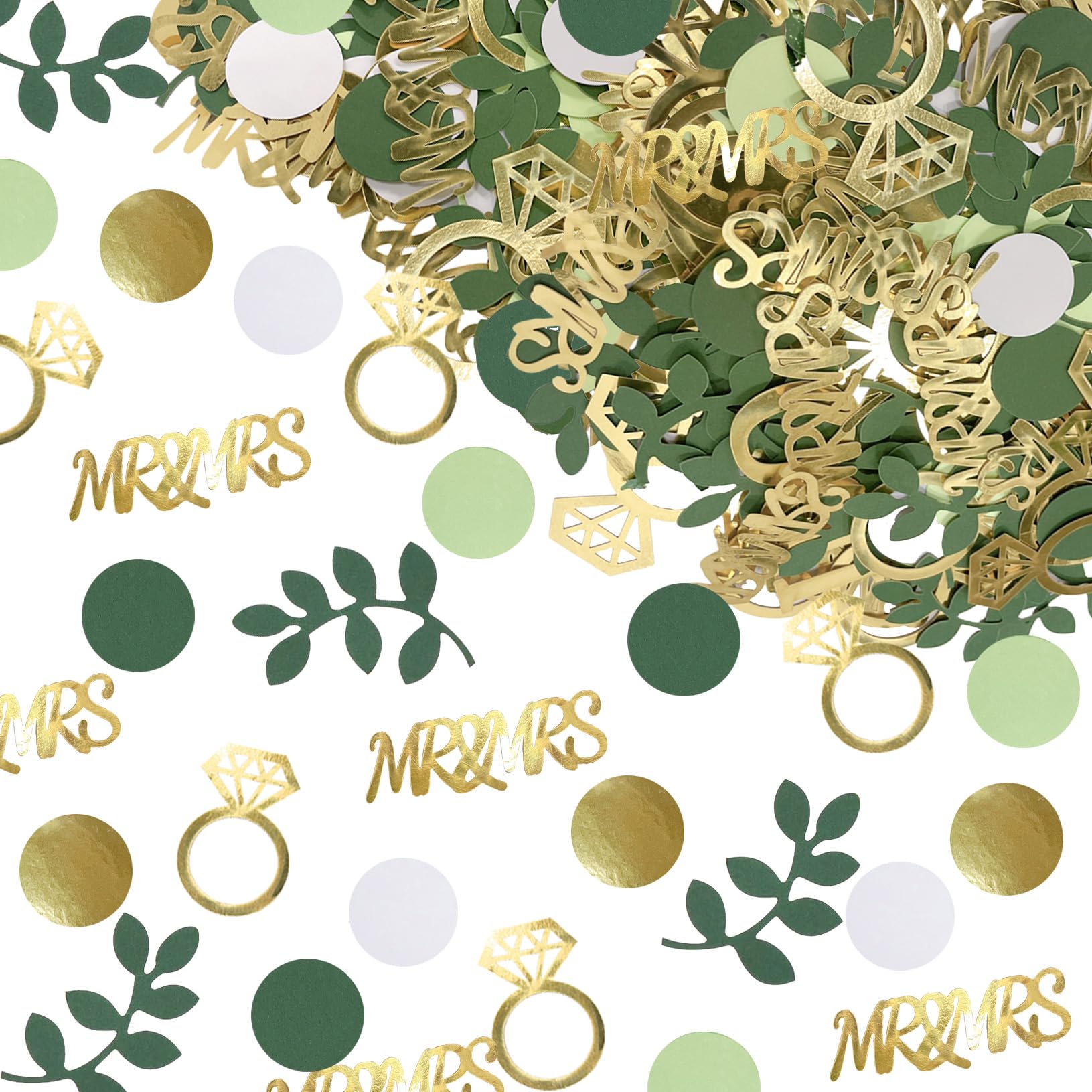Photo 1 of 280PCS Greenery Bridal Shower Table Confetti Decorations, Sage Green MR&MRS Diamond Ring Confetti Decor for Wedding Engagement Bachelorette Bride to Be Party
