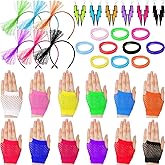 Zhanmai 144 Pcs 80s Disco Costume Accessories Set - Women's Neon Jelly Bracelet, Fishnet Wrist Gloves, Lace Headbands, Neon Earrings for 80s Party