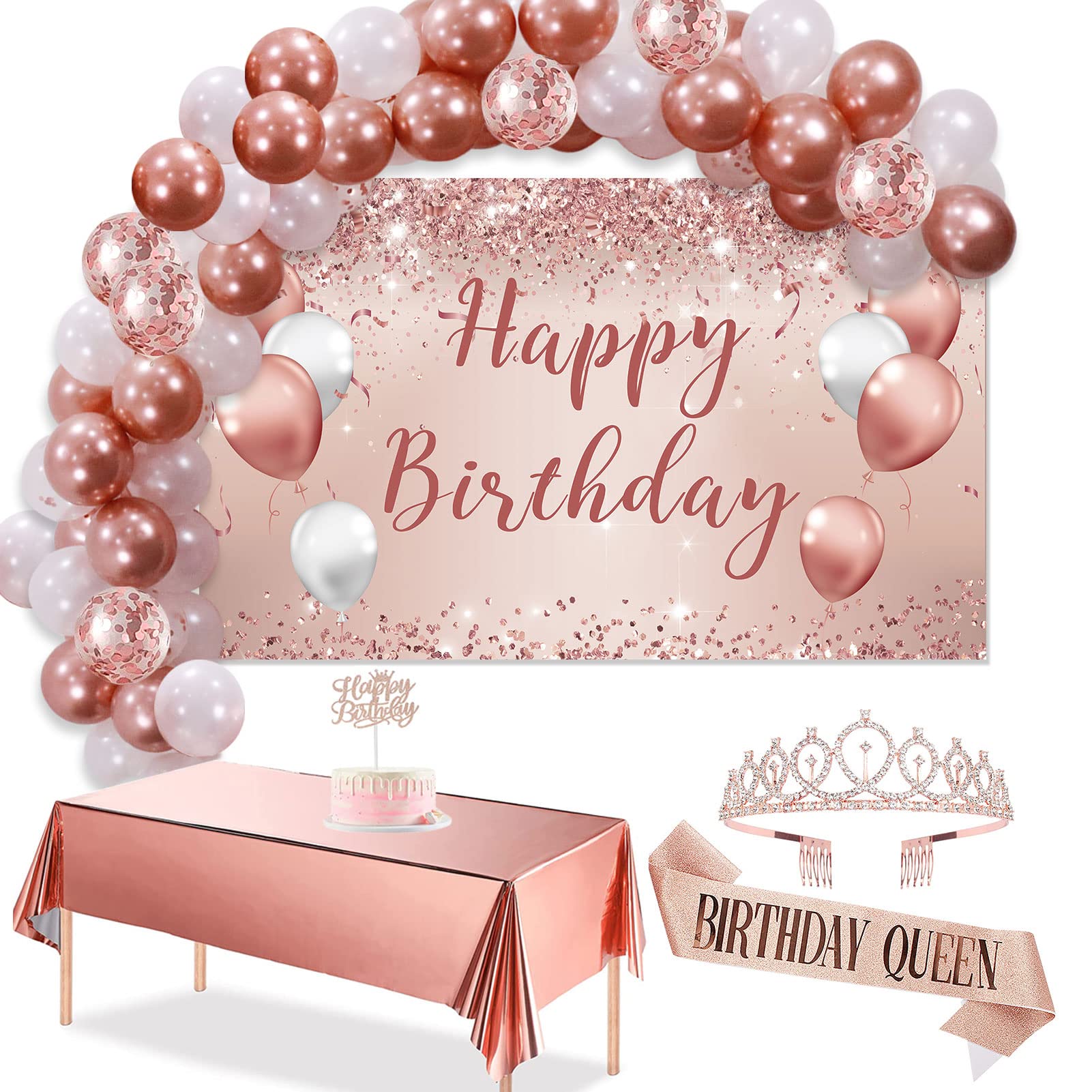 Photo 1 of Trgowaul Birthday Decorations Balloon Garland Kit Arch for Women, Rose Gold Happy Birthday Banner, Sash and Tiara, Pink Bday Cake Topper, Tablecloth for her, Party Favor Supplies Ideas Decor