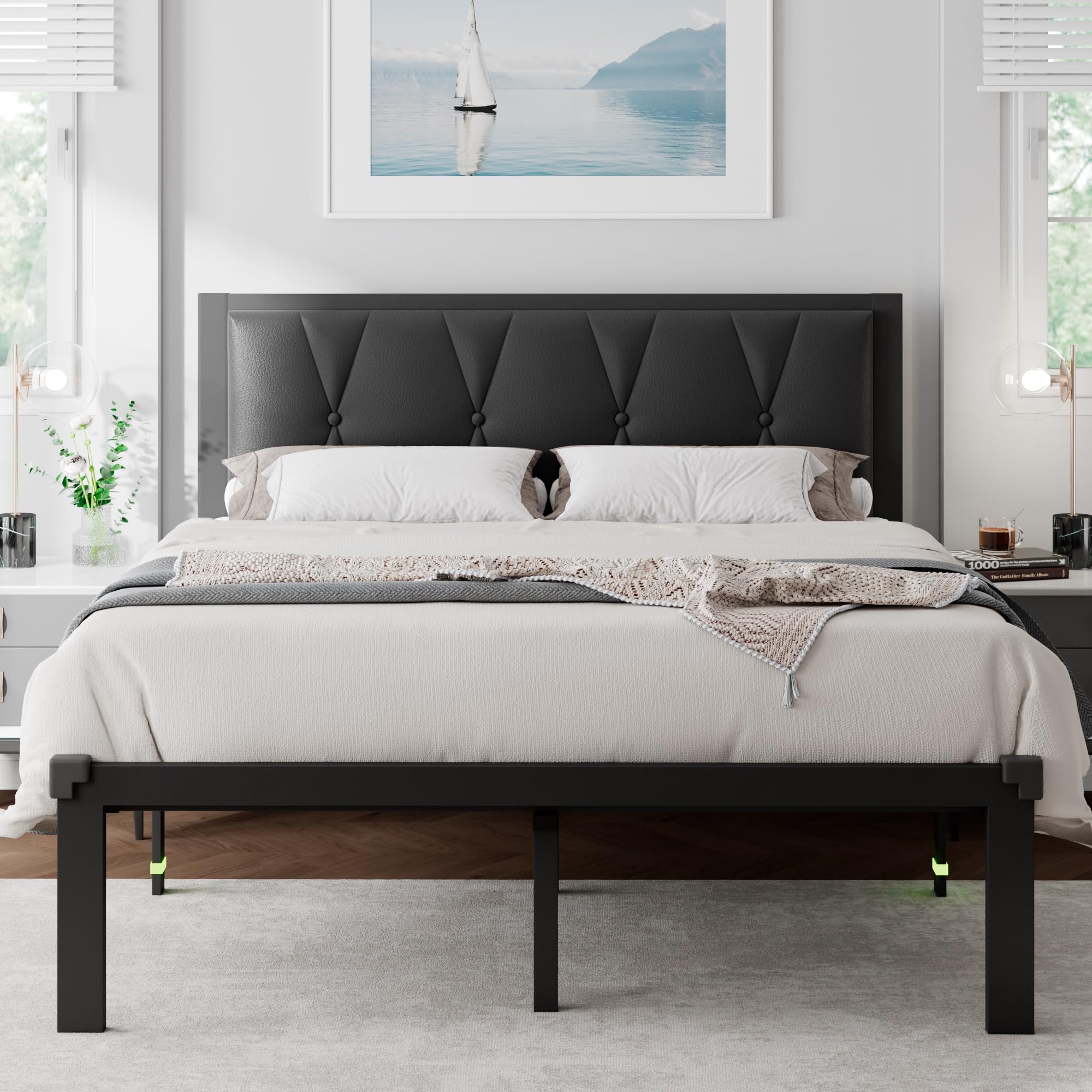 Photo 1 of Feonase Full Size Metal Bed Frame with Faux Leather Button Tufted Headboard, Platform Bed Frame with Heavy Duty Metal Slats, 12" Storage Space, Noise Free, No Box Spring Needed, Black