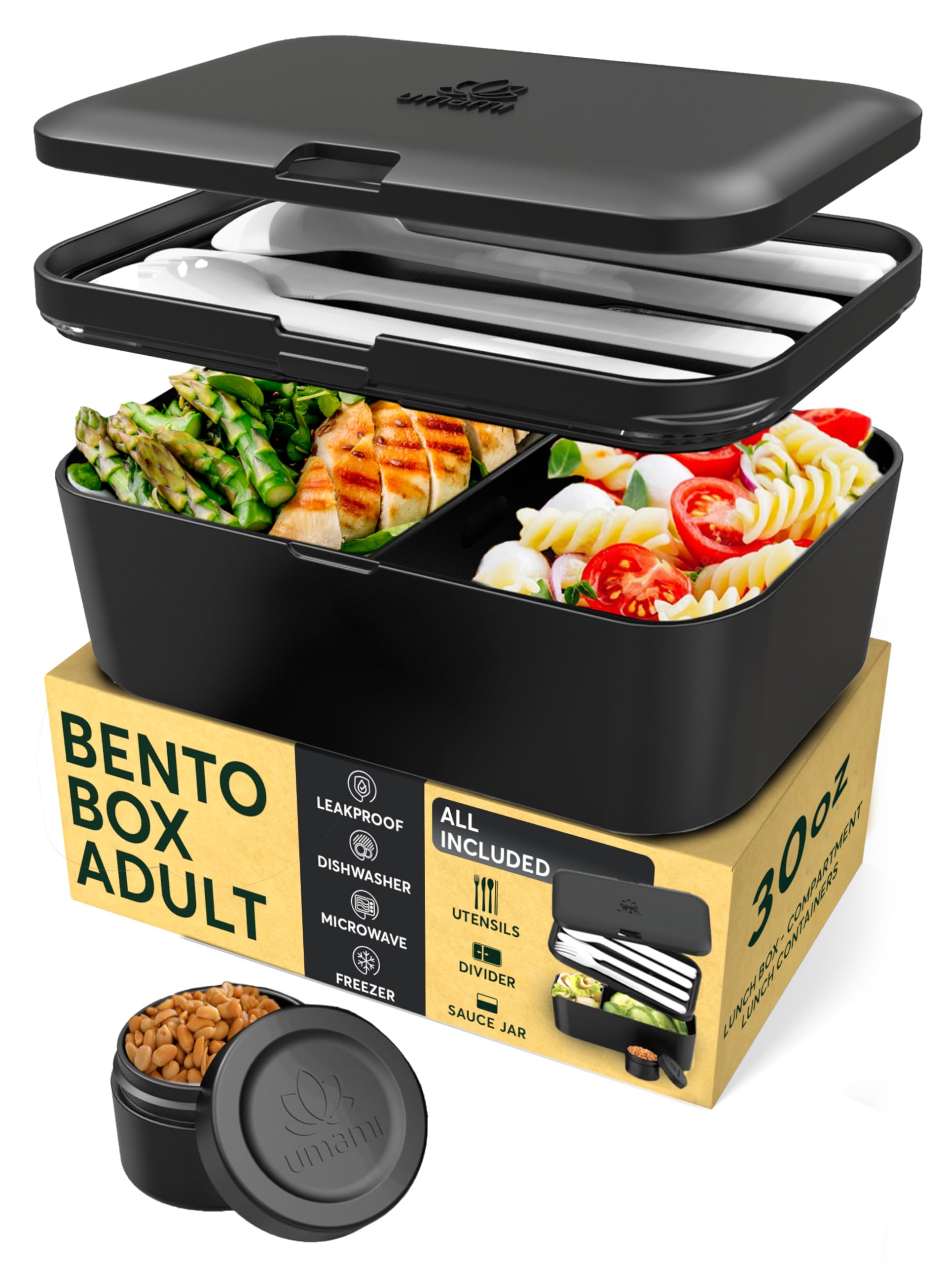 Umami Lunch Box Containers w/ 4 Utensils, Sauce Jar, Nestable Space-Saving Bento Box Adult, 100% Leakproof, Microwavable Lunch Containers for Adults, Design Award Winner