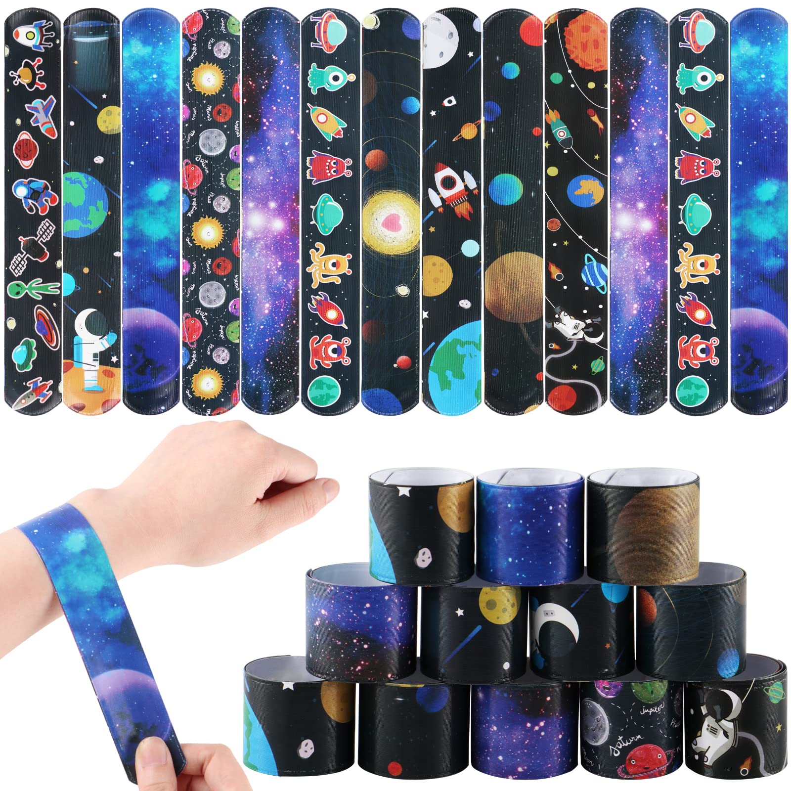 Deratta 30 PCs Space Slap Bands Party Bag Fillers Slap Bracelets for Kids' Party Favours Outer Space Snap Bands for Kids Boys