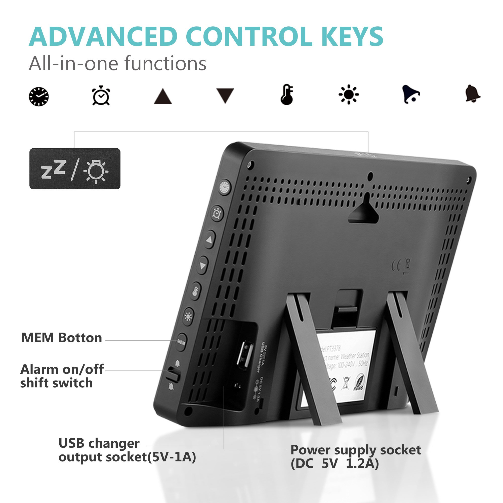 Houzetek Indoor Outdoor Weather Station, Digital Color Forecast Station with Sensor, Home Alarm Clock with Temperature Alerts, Charging USB Port, Moon Phase