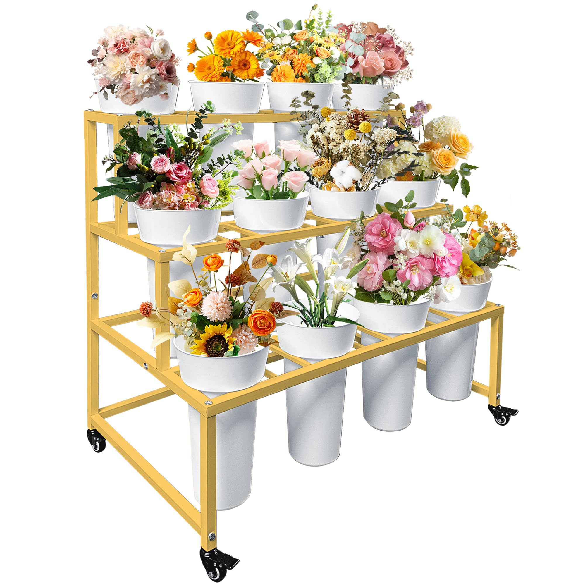Photo 1 of PROLEE Flower Stand with 12 Buckets, Flower Display Stand with Wheels, Flower Cart, Moving Florist Bouquet Shelf, Rectangular, Gold