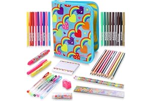 GirlZone 43-Piece Rainbow Stationery Set for Girls, Jumbo Rainbow Arts & Crafts Filled Stationery Pencil Case for Girls, Art Case for Toddlers, Kids, Teens & Teachers