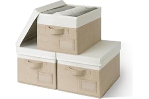 GRANNY SAYS Storage Basket with Lid, Linen Fabric Storage Bins for Shelves, Decorative Storage Boxes, Clothes Storage and Organization, Memory Keepsake Box, 3-Pack, Khaki&Ivory