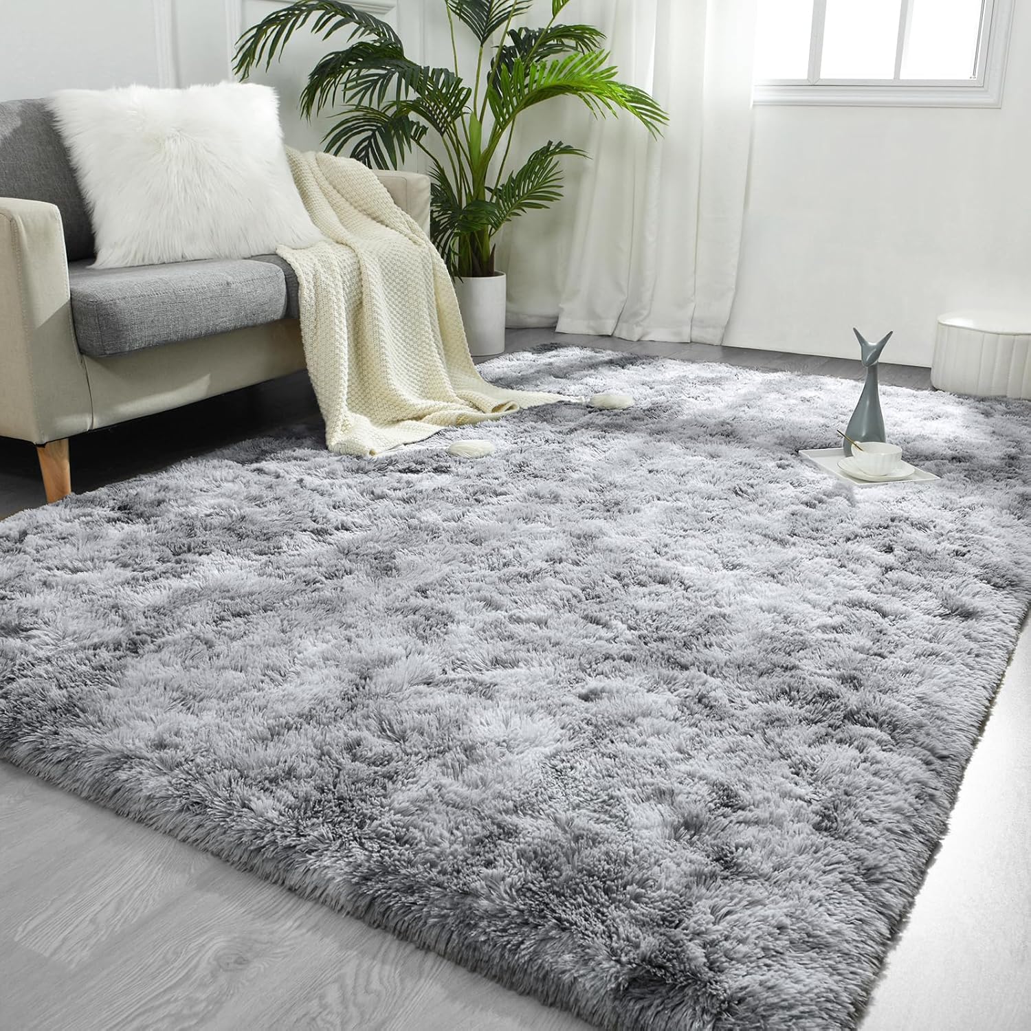 Rugs, Pads & Protectors - FlyDOIT Large Area Rugs for Living Room, 4x6 Feet Tie-Dyed Light Grey Shaggy Rug Fluffy Throw Carpets, Ultra Soft Plush Modern Indoor Fuzzy Rugs for Bedroom Girls Kids Nursery Room Dorm Home Decor