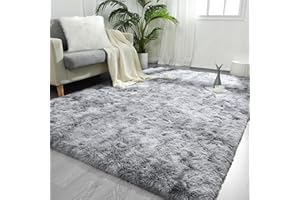 FlyDOIT Large Area Rugs for Living Room, 4x6 Feet Tie-Dyed Light Grey Shaggy Rug Fluffy Throw Carpets, Ultra Soft Plush Modern Indoor Fuzzy Rugs for Bedroom Girls Kids Nursery Room Dorm Home Decor
