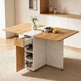 53&ldquo; Folding Dining Table Space Saving Foldable Dining Table with Drawer | Space-saving dining table for small rooms; use it fully open, half open or folded, with a drawer, shelves and wine racks.