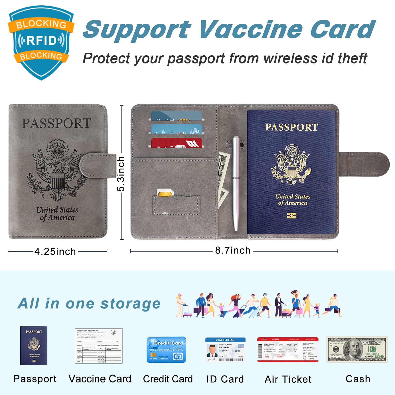 DMLuna Passport Holder Premium PU Leather Travel Passport Wallet RFID Blocking Passport Cover Case Travel Documents Organizer with Magnetic Closure, Free Mini Pen, for Women and Men, Grey