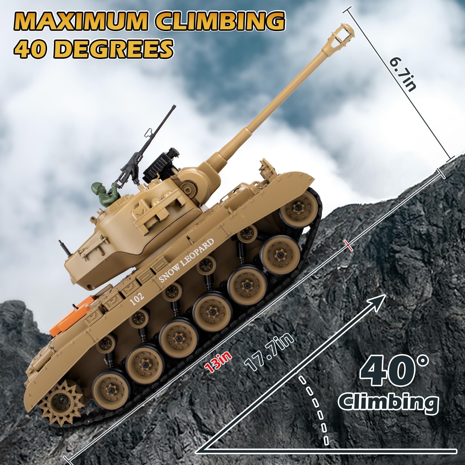 1:18 RC Tank, 2.4Ghz US M26 Pershing Remote Control Model Toys, RC Vehicle Army Tank That Shoots BBS and Water Bombs, Military Toy for Adults and Kids with Smoke, Lights, Sound and Recoil