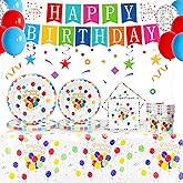 137 Pcs Happy Birthday Decorations: Colorful Birthday Party Supplies Set with Balloon Design - Includes Disposable Plates and Napkins, Cups, Tablecloth, and Banner for Boys/Girls, Serves 24