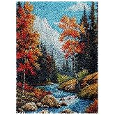 Forest Scene with Maple Trees River Mountains Latch Hook Rug Kits Color Printed Crochet Yarn Needlework DIY Hooking Latch Kit Carpet Rug Cover Mat for Christmas Chair Cushion Floor Decoration 52x38cm