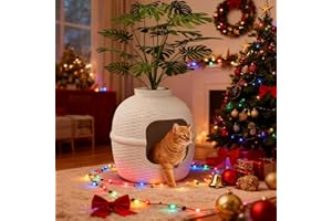 KEYGARZONE Hidden Litter Box with Faux Plant, Large Cat Litter Box with Rattan Pattern, Heavy Duty PP Material Litter Box Enclosure Furniture for Home Decor, Light Grey