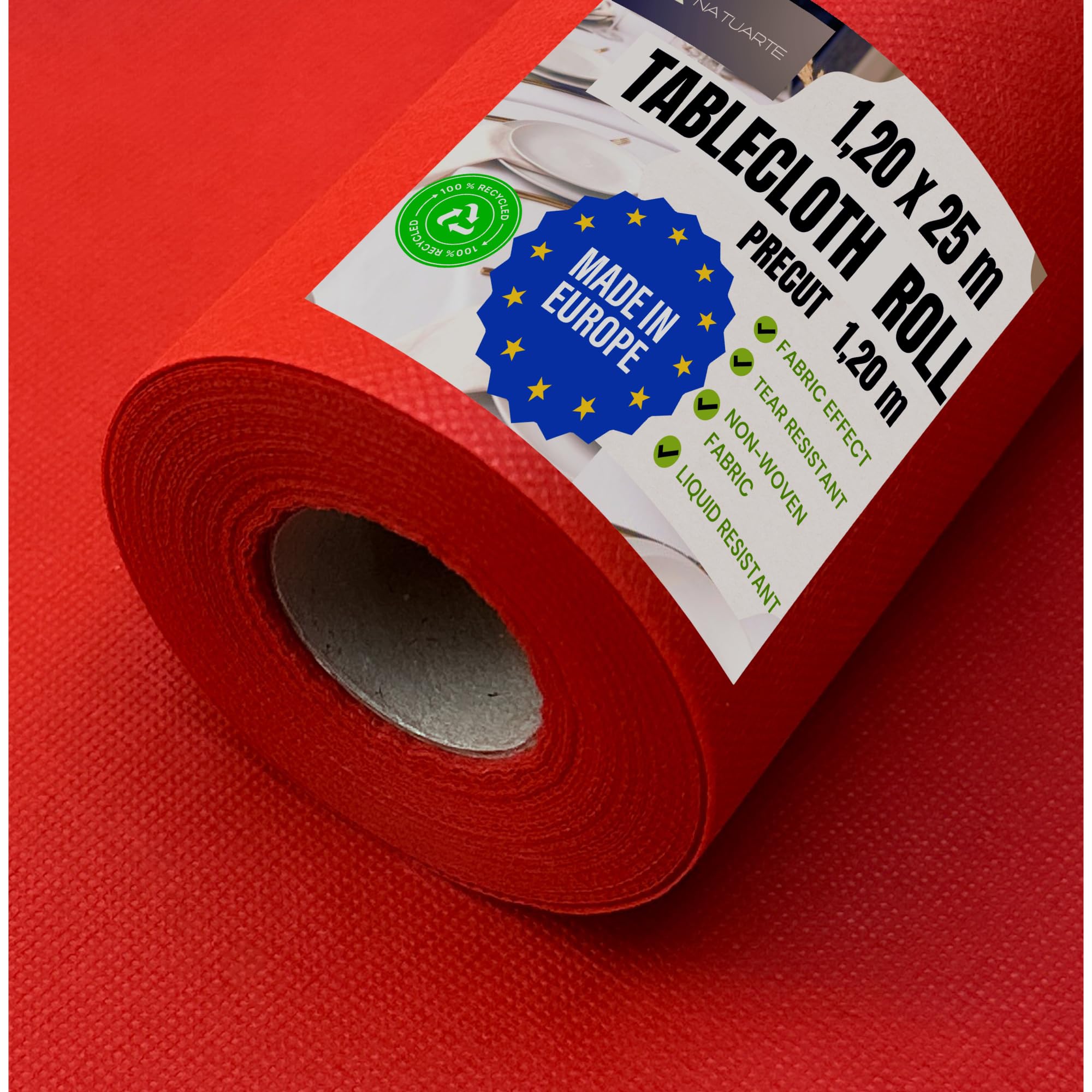 NATUARTE, Tablecloth Roll Red 1.20 m x 25 m, Disposable Banquet Roll, Fabric Like Look and Feel, Roll Tablecloth for Parties Celebrations Birthdays Events, Non Woven Fabric, Red Color 1.20x25m — image 1