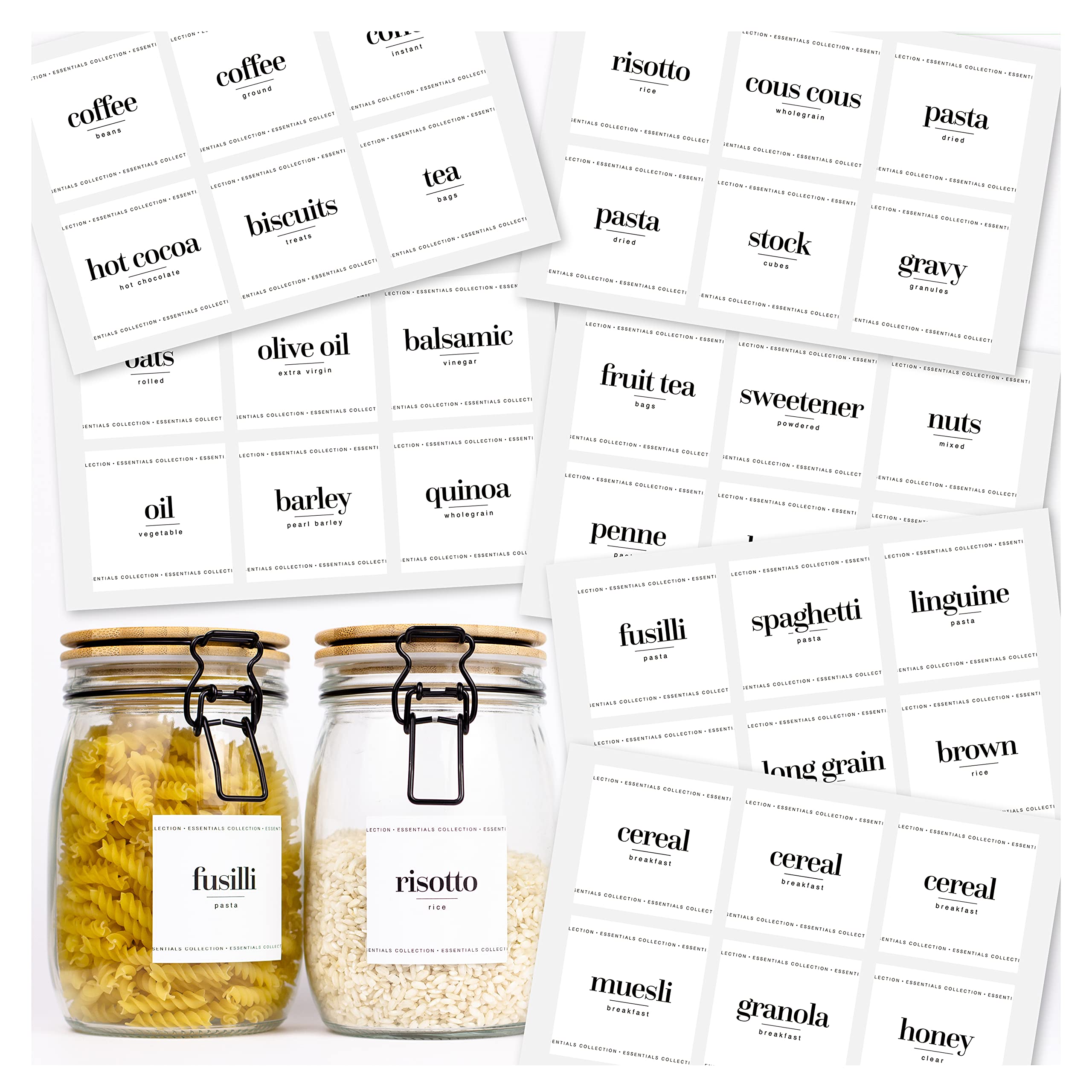 36 x Essential Collection Labels for Jars - Contemporary Printed White Sticky Labels for Kitchen and Pantry Storage
