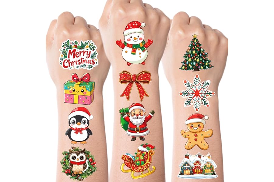 JCFIRE Christmas Temporary Tattoos for Kids Stocking Stuffers, 96pcs Waterproof Tattoo Stickers Christmas Party Favors, Stocking Stuffers for Kids Toddlers Teens Boys Girls, Goodie Bag Stuffers