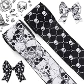 Blinket Halloween Skull Wired Edge Ribbon for Wreath Bow Making, Spooky Skeleton Burlap Ribbon for Halloween Wreaths, Gift Wrapping, Indoor Outdoor Party Decoration Supplies, 2.5