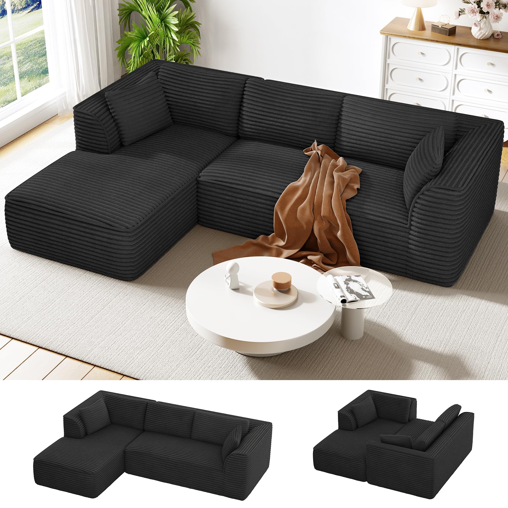Photo 1 of *** CHECK COMMENTS***     Vesgantti 106" Boneless Couch with Chaise, Deep Seat Comfy Cloud Modular Sofa Corduroy Memory Foam Sectional Couches for Living Room Bedroom, No Assembly Required (Black, Left-Facing Chaise)