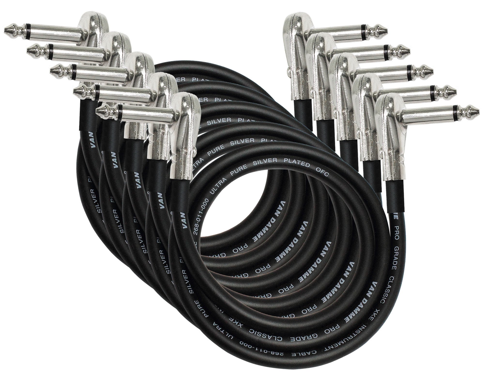 5 Units - Van Damme Pro Grade Classic XKE - 1 Meter – Ultra-Flexible Multi-Shielded Guitar Bass Effects Instrument, Pedal Stomp Patch Cable - with Low-Profile, R/Angled Pancake (6.35mm) TS Connectors