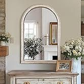 AMOISE Arched Vanity Wall Mirror 36 x 24 Inch Beaded Wood Frame Boho Farmhouse Decorative Mirror for Bathroom Bedroom Entrywa