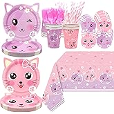 Cat Birthday Party Supplies Set, Kitten Tableware Includes Plates, Tablecloth, Cups, Forks and Straws for Kids Cat Party Decorations, Serves 20 Guest (A)