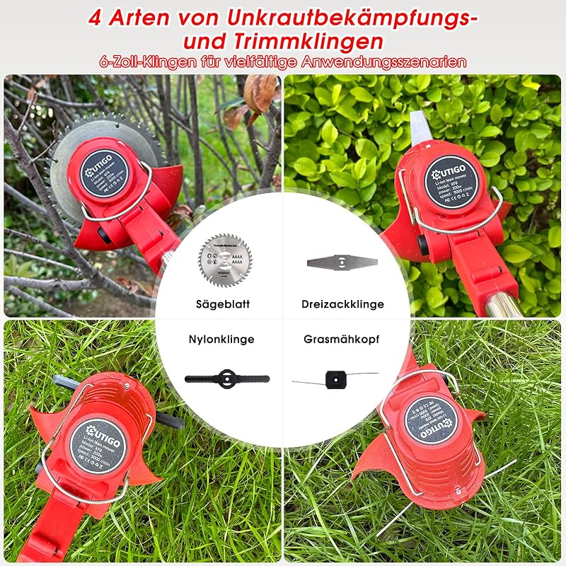 Akku-Rasentrimmer, batteriebetriebener Rasentrimmer mit 21 V, elektrischer Rasentrimmer ohne Kabel,mit 4 Arten von Klingen, Verstellbarer Kopf und Dreifach gefalteter Griff