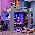 SOFTSEA Twin Gaming Loft Bed with Desk and LED Lights, Solid Wood Loft Bed with Open Wardrobe and Multi-Storage Shelves for Boys Girls Kids Teens, Grey