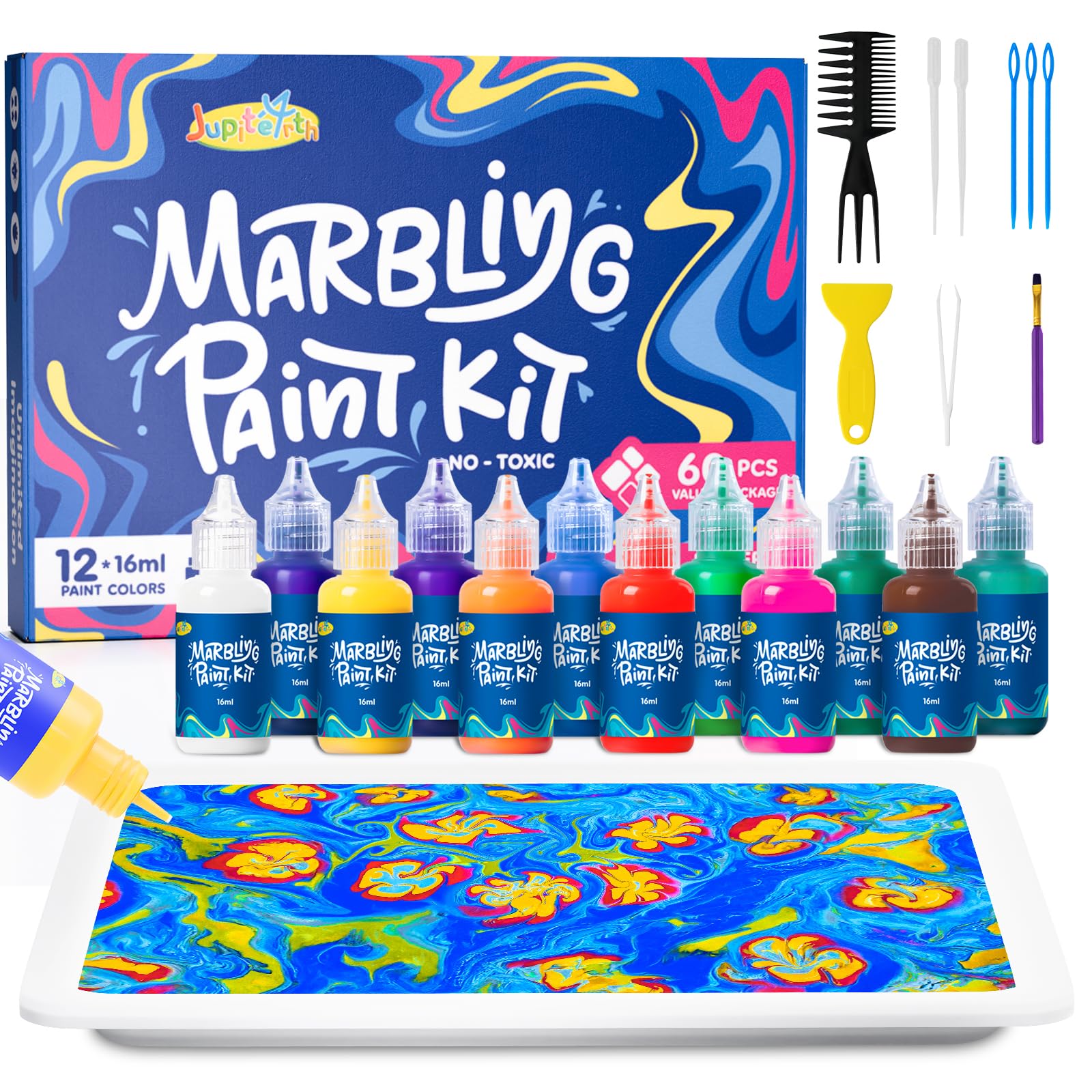 JUPITEARTH Water Marbling Paint for Kids,12 Colours,Arts & Crafts Kits for Kids,Creative Art Supplies for Kids,Aged 3–5,4–8,8–12,Birthday & Christmas Gifts for Girls & Boys