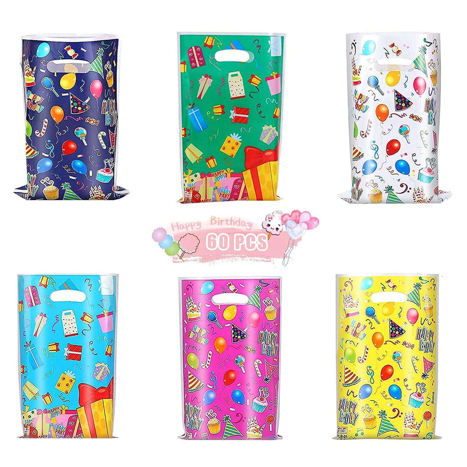 60 Pieces Birthday Party Bags,Plastic Party Goodie Favor Bag,Gift Bags in 6 Colors for Goodie Sweets Treat Candy Present Cookies