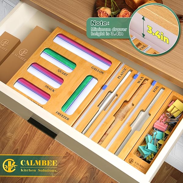 CALMBEE 9 IN 1 STORAGE BAG ORGANIZER FOR KITCHEN DRAWER, BAMBOO FOIL AND PLASTIC WRAP WITH CUTTER, ORGANIZERS COMPATIBLE GALLON, QUART, SANDWICH SNACK SIZE