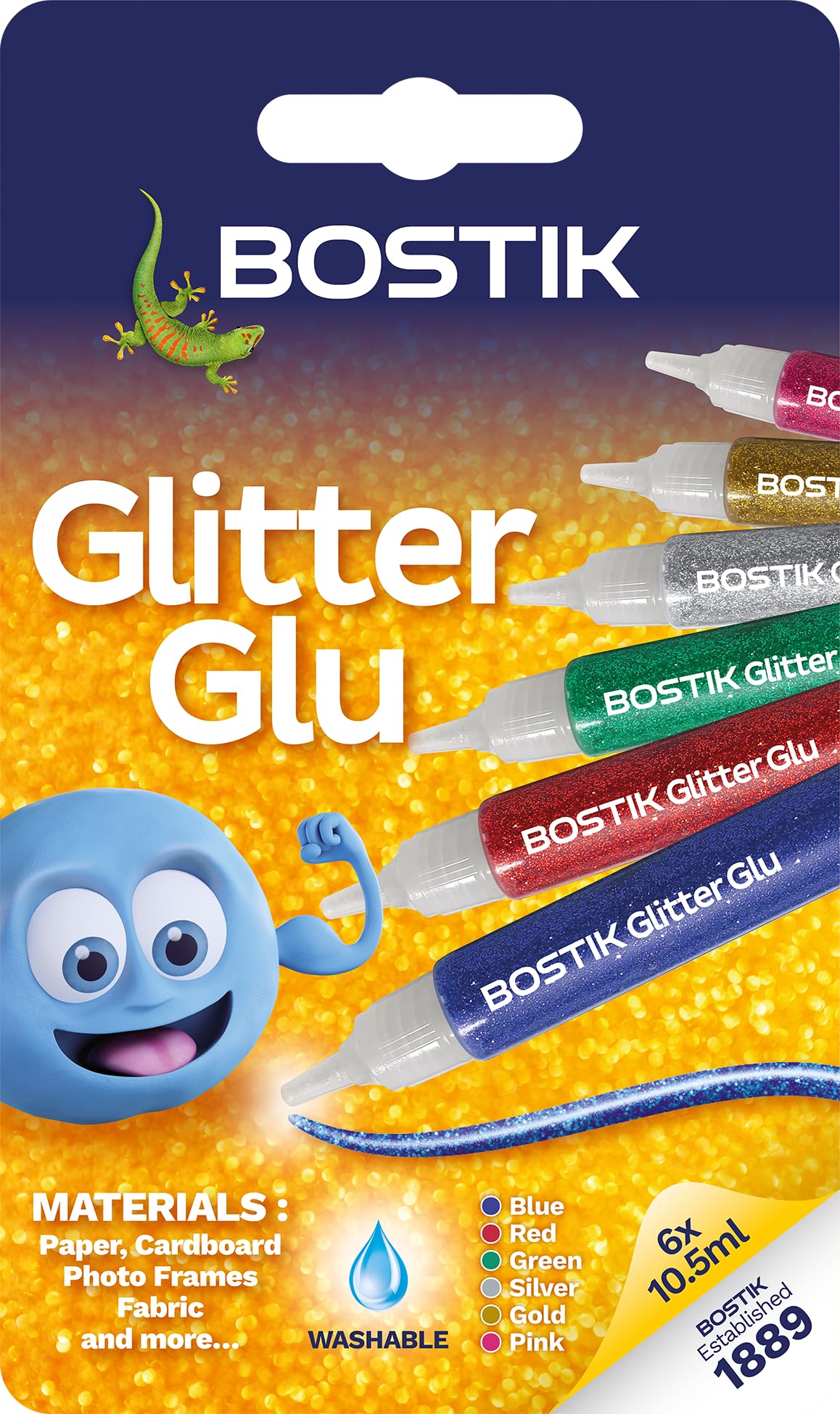 Bostik Glitter Glue Pens for Arts and Crafts, Easy to Use, Less Mess, Washable, Solvent Free, UKCA and CE Approved, 6 Coloured Glue Pens