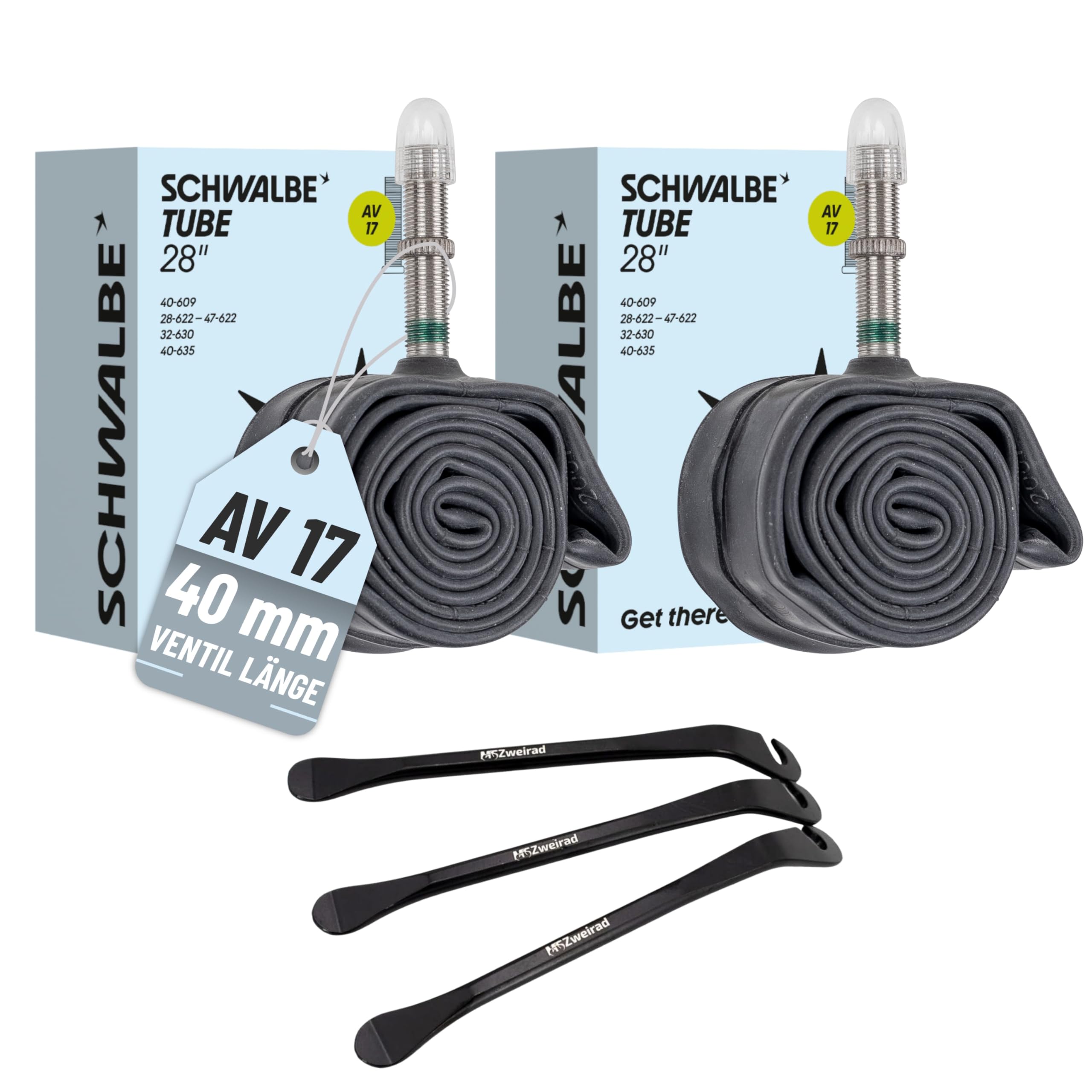 Schwalbe AV17 Bicycle Inner Tubes 40 mm 28 Inches (28/47-622/635) with 3 MSZweirad Tyre Levers Set of 2