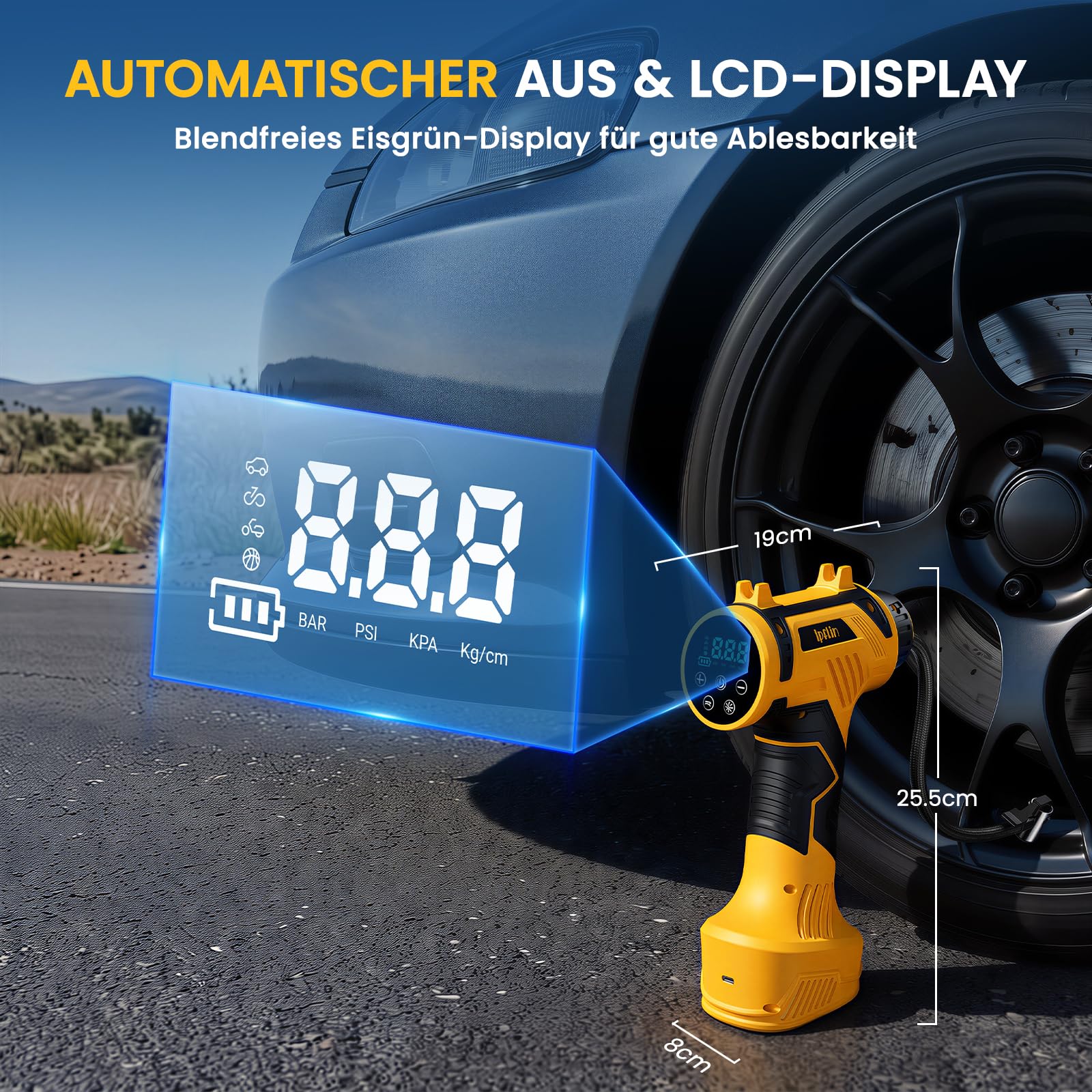 Ipflin Elektrische Auto Luftpumpe Akku Fahrradpumpe - Tragbare Luftpumpe Fahrrad 150PSI - 22L/min Akku Kompressor mit LED-Anzeige/Licht - 4 Voreingestellte Modi für Auto/Fahrrad/Motorrad/Ball 4