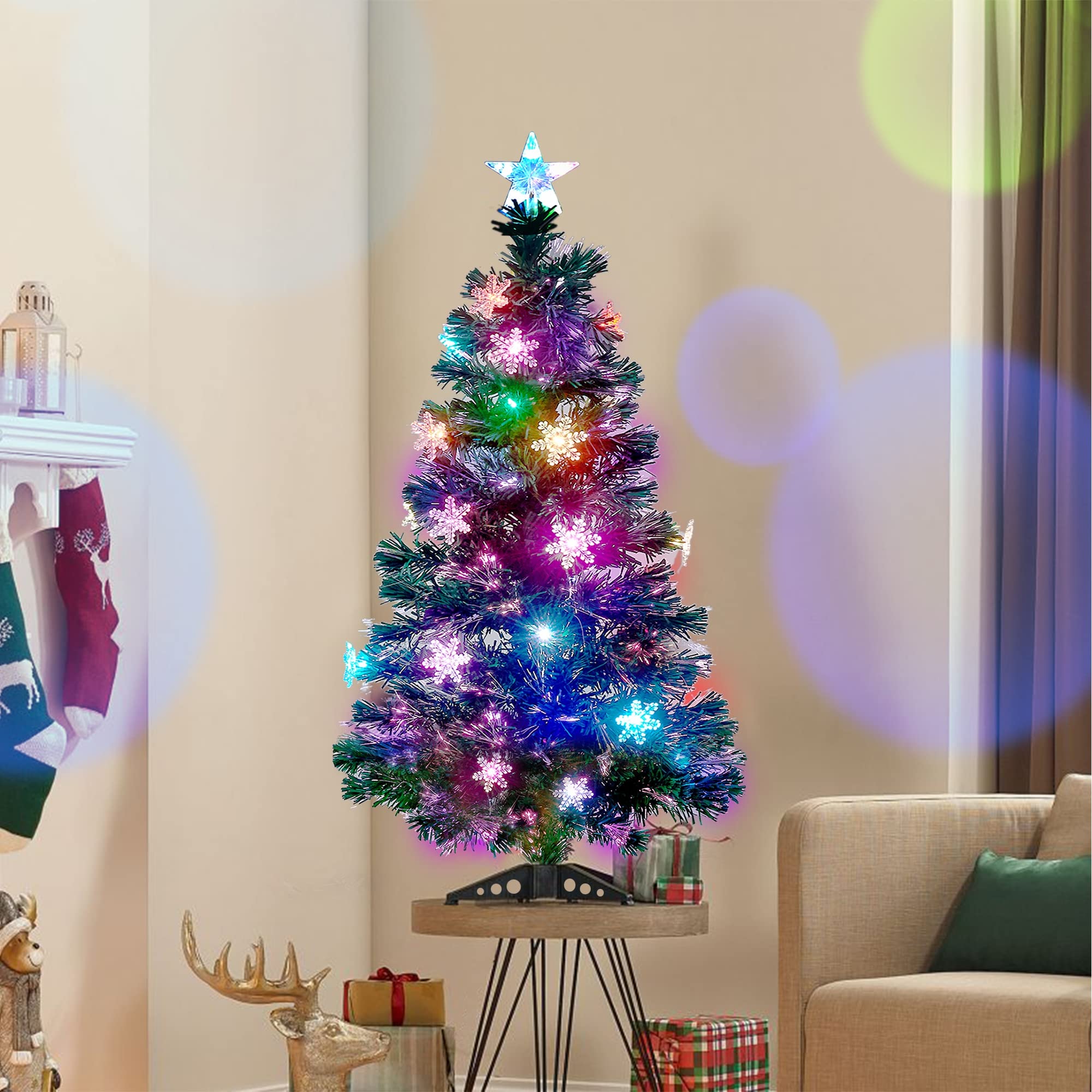 Photo 1 of Juegoal 4 ft Pre-Lit Artificial Christmas Tree, Lighted Optical Fiber Xmas Trees with RGB Color Changing LED Lights, Snowflakes & Top Star, Festive Party Holiday Fake Multicolored Tree with Metal Legs