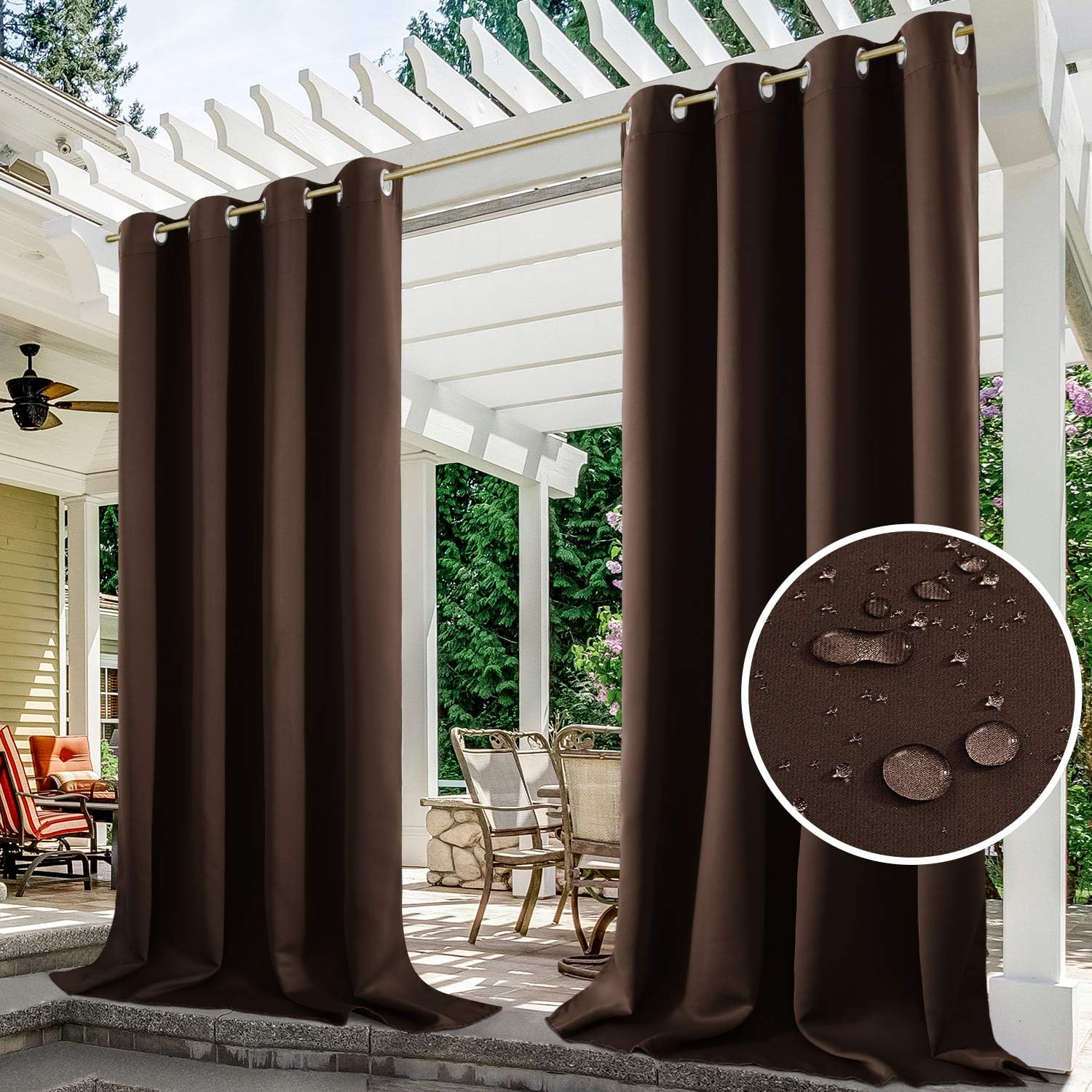 Outdoor Curtains - HOMEIDEAS 2 Panels Chocolate Outdoor Curtains for Patio Waterproof, 52 X 108 Inch Blackout Outdoor Curtains, Thermal Insulated Brown Outdoor Patio Curtains for Porch/Pergola/Yard/Sliding Door/Arbor