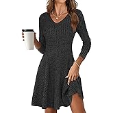 ANRABESS Women Long Sleeve Ribbed Knit Short Dresses 2026 Spring V Neck Casual Swing A Line Sweater Dress