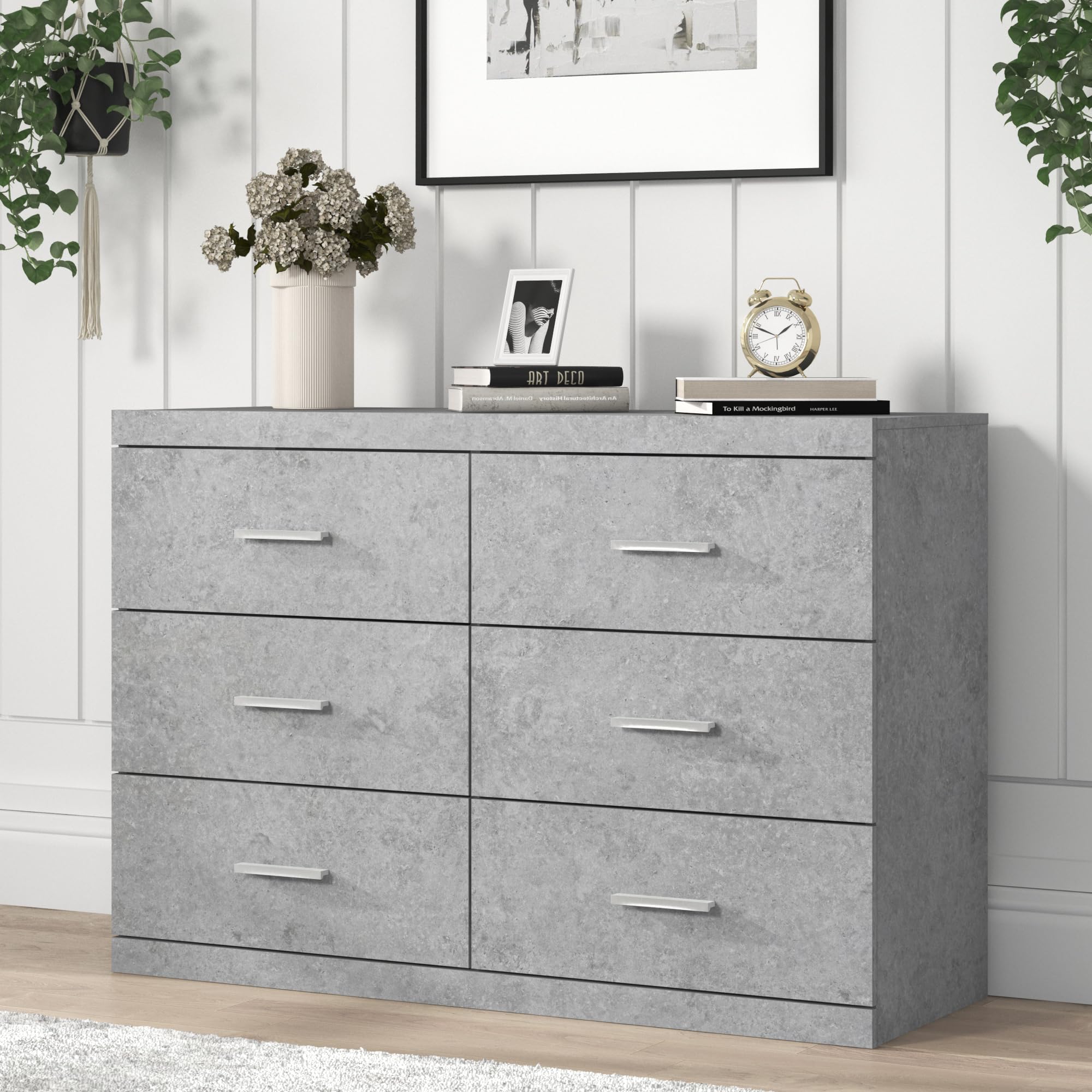 Photo 1 of Galano Carmelo 6 Drawer Dresser with Interlock – Wooden Chest of Drawers for Bedroom, Nursery, Kids Closet Organizer, Wide Storage Cabinet, 46.5" W x 16.3" D x 31.7" H, Concrete Cool Grey